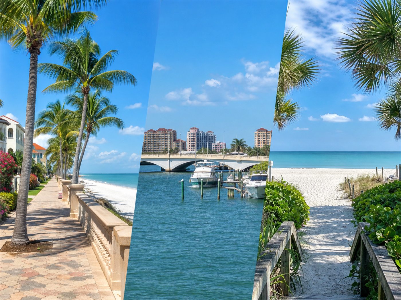 Coastal Southwest Florida scenes comparing Naples Fort Myers and Bonita Springs