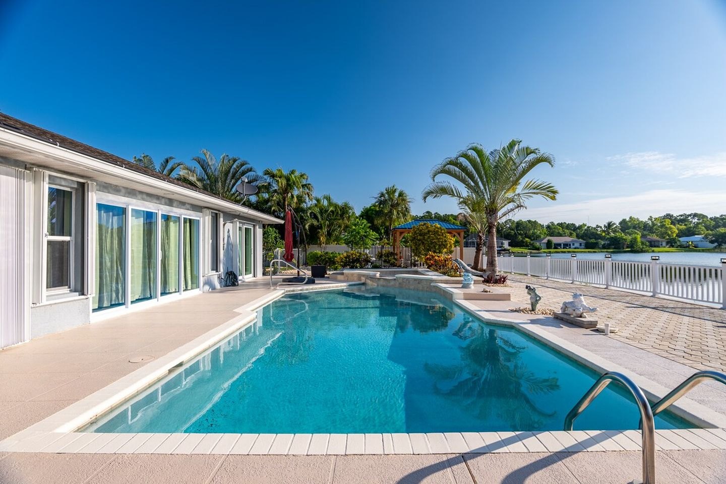 Heated pool area at the lakefront spa house